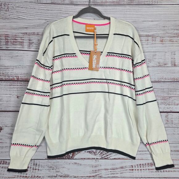 Brodie WISPR Oversized V-Neck Sweater XL Soft Cream w Black Pink Stripe NWT Cozy - Picture 1 of 10